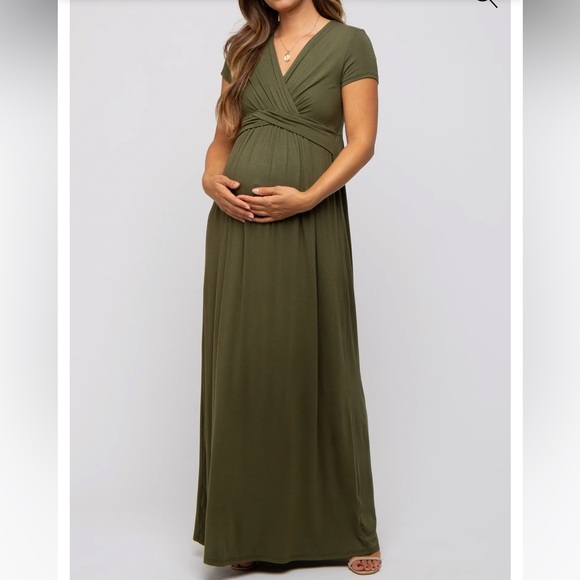 NWT Pinkblush Olive Green Maternity Maxi Dress Sz Med - Picture 1 of 9